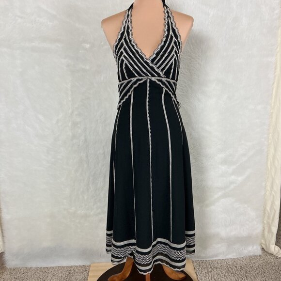 Vintage Y2K 00s Eliza J Black Embroidered Beaded Halter Midi Dress 4 - Picture 1 of 6